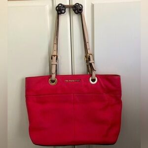 Michael Kors Red Pebble Leather Tote Shoulder Bag Tan Straps Zip Up